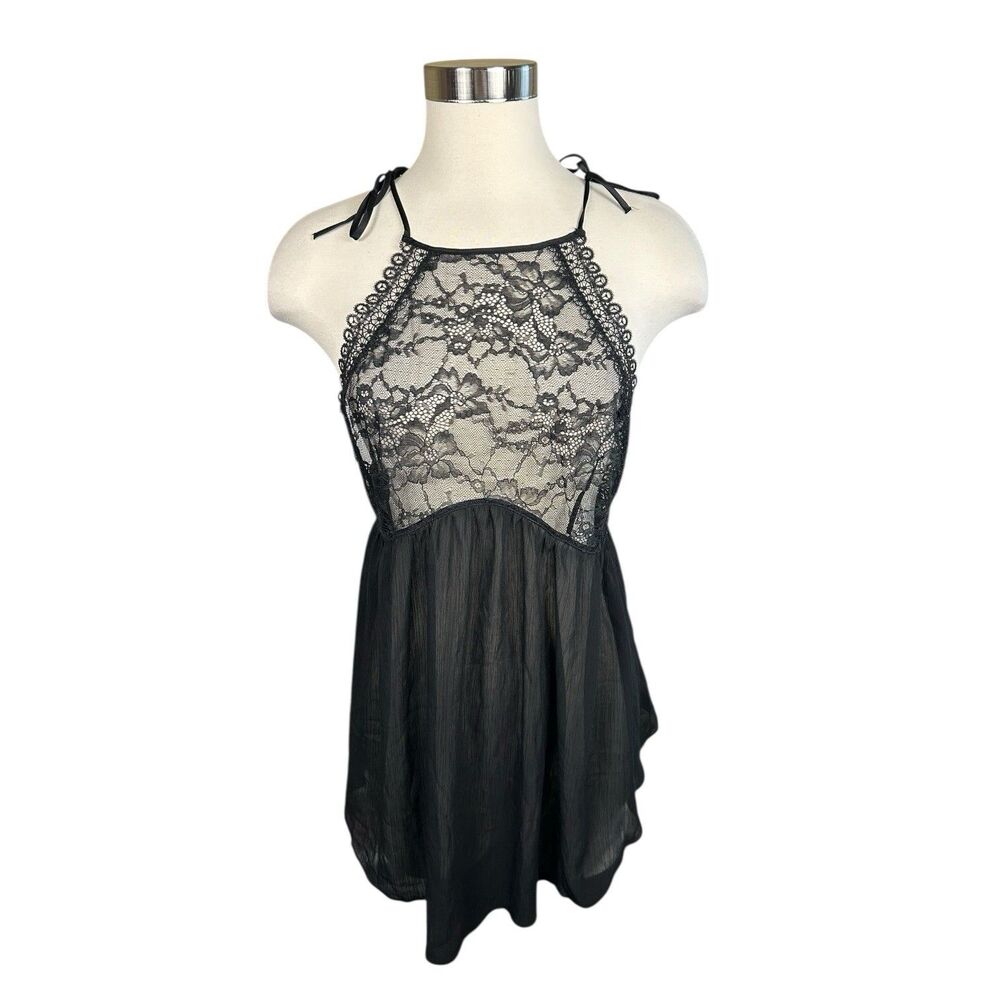 Victoria Secret High Neck Lace Babydoll Top Shoulder Tie Black Lingerie Sz L